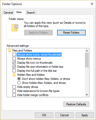 desactivar Mostrar siempre iconos, nunca miniaturas en Opciones de carpeta