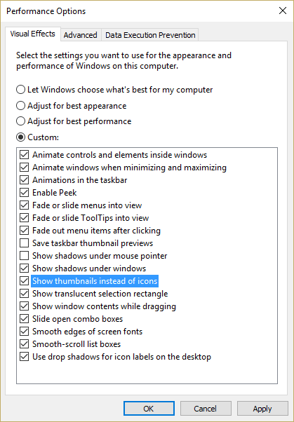 Asegúrese de seleccionar la opción Mostrar miniaturas en lugar de iconos