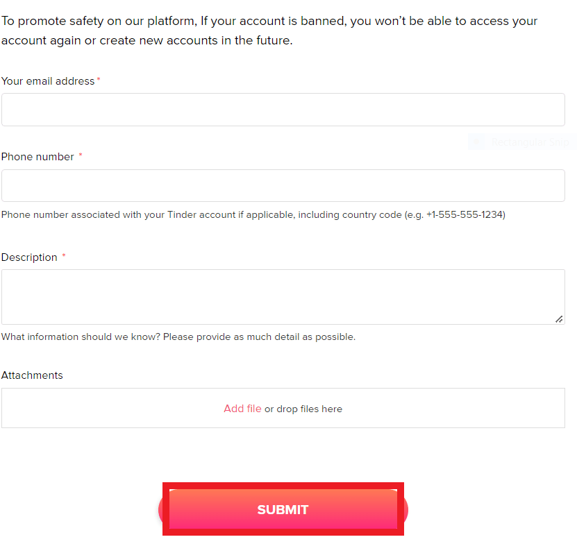 Haga clic en Enviar para enviar su apelación de desbaneo |  Cómo arreglar la restricción de edad de Tinder