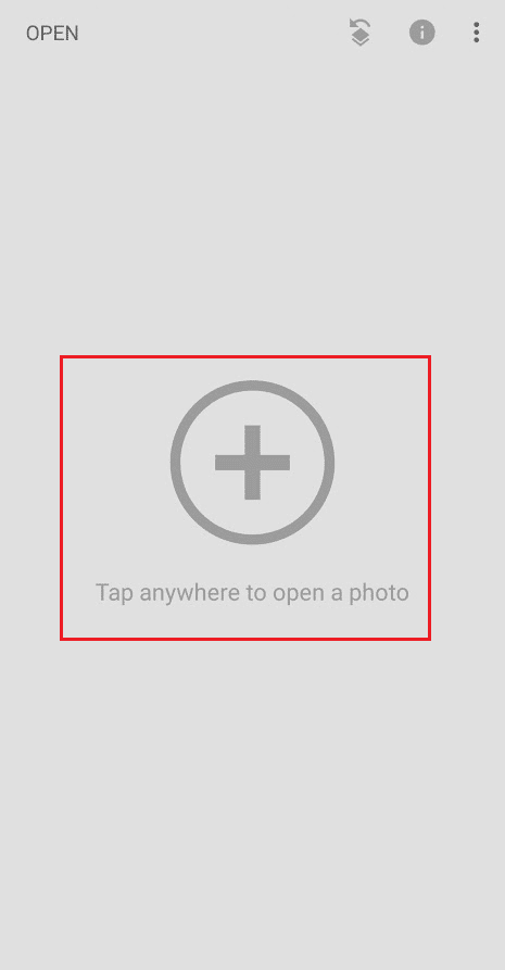 Inicie la aplicación Snapseed y toque la pantalla en cualquier lugar para seleccionar la foto deseada de su teléfono