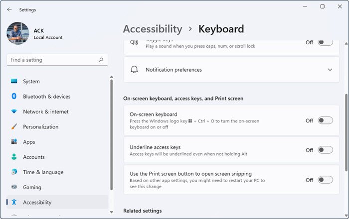 Configuración del teclado en pantalla en Windows 11