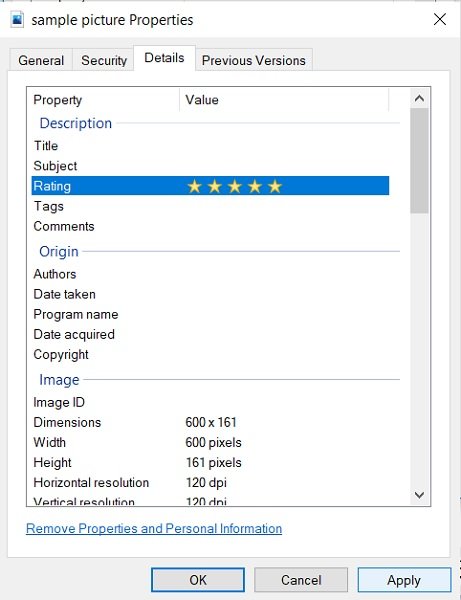 Clasificación de archivos con estrellas en Windows 10