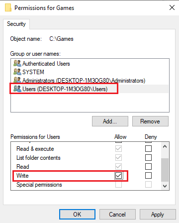 Seleccione la cuenta de usuario en la sección Grupo o nombre de usuario y marque la opción Escribir en la columna Permitir de la sección Permiso para usuarios. Arreglar la imposibilidad de obtener permisos de escritura para Fallout 3