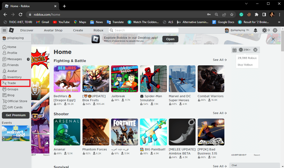 busque y haga clic en Comercio.  Cómo dar Robux a amigos