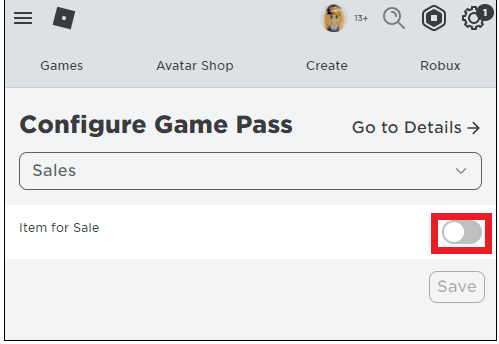 encienda el interruptor de artículo en venta.  Cómo dar Robux a amigos