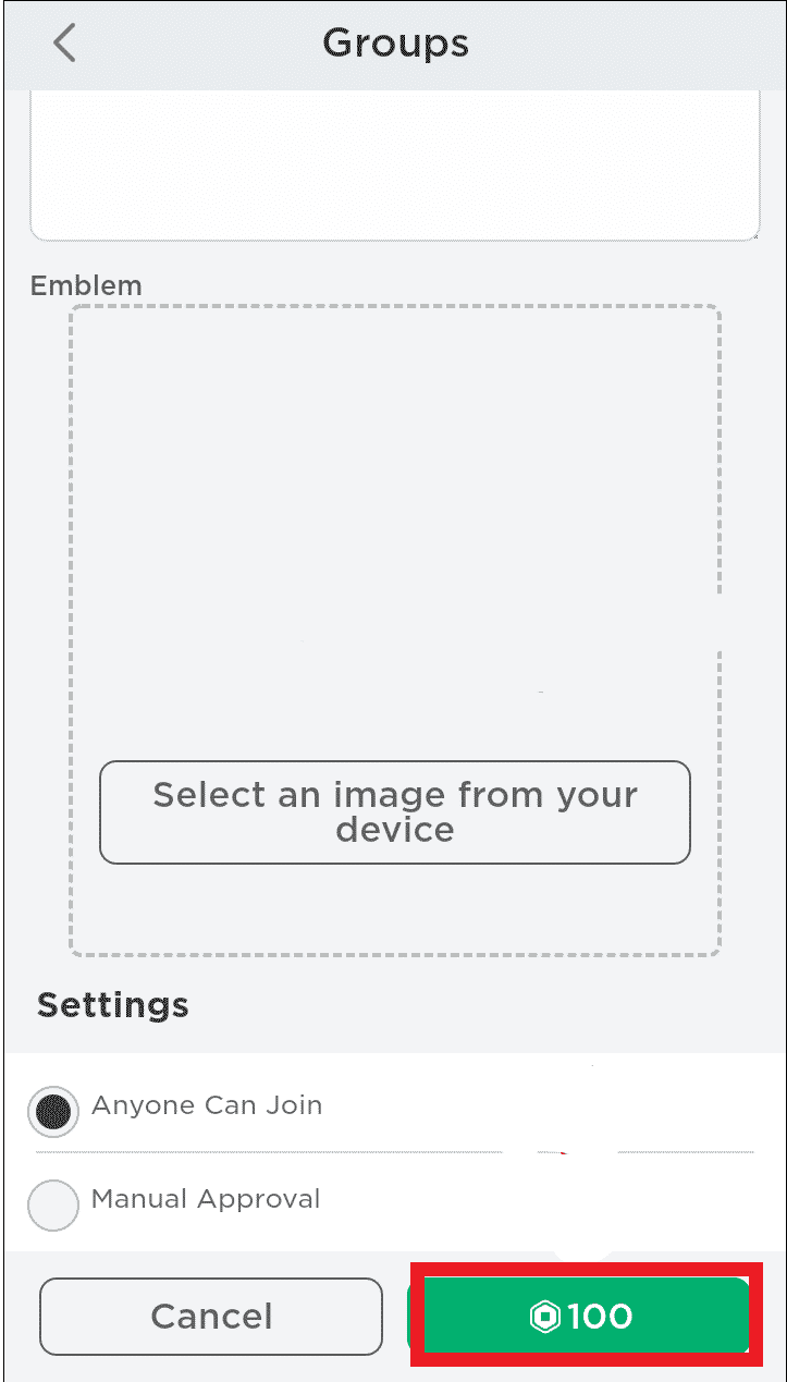 Paga 100 Robux para completar la creación del grupo.  Cómo dar Robux a amigos