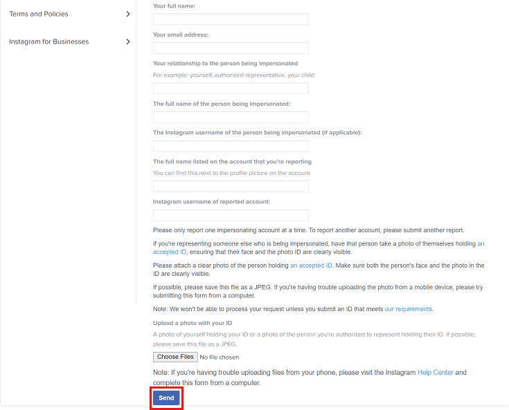 Haga clic en Enviar para enviar su informe |  Cómo obtener un nombre de usuario de Instagram inactivo