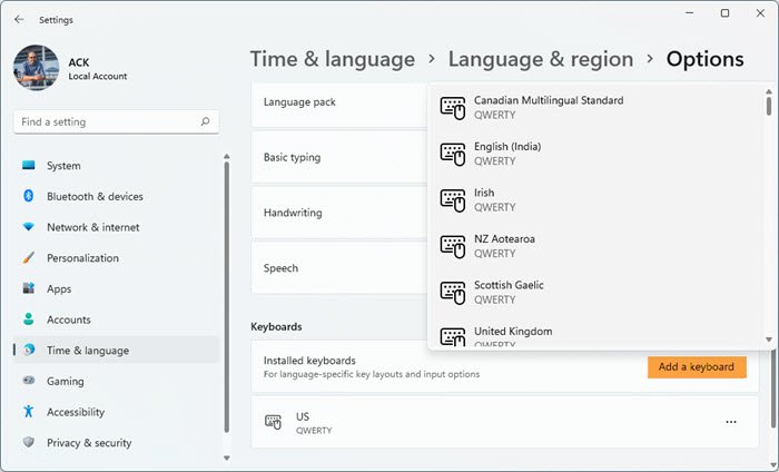 agregar diseño de teclado en Windows 11