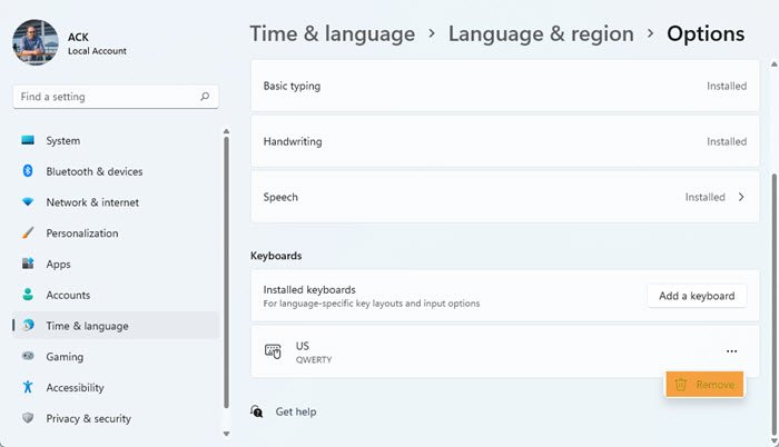 eliminar distribución de teclado windows 11