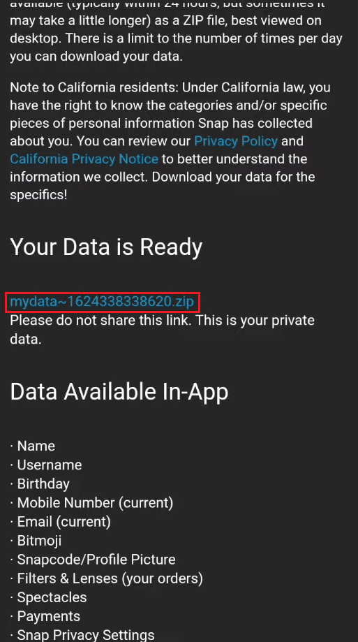 haga clic en el enlace del archivo zip mydata para descargarlo en su dispositivo