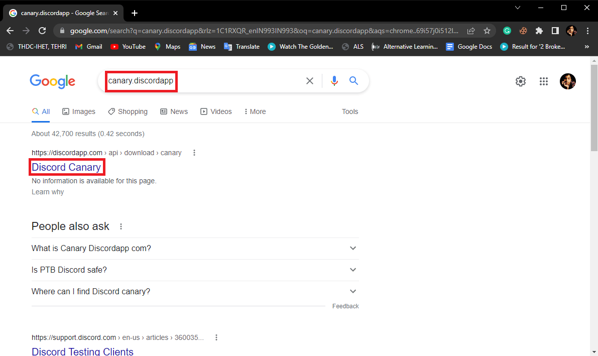 En la barra de búsqueda, escriba canary discordapp y presione enter y haga clic en el primer resultado de búsqueda para descargar e instalar Discord