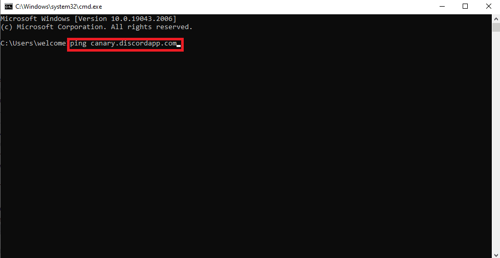 En el símbolo del sistema, escriba ping canary discordapp com y presione la tecla Intro