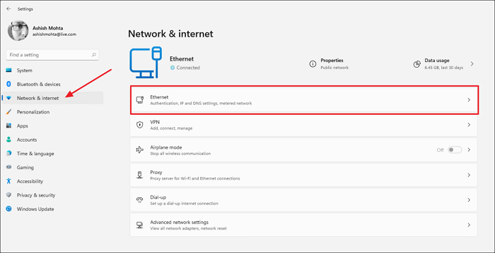 Configuración de Ethernet de red de Internet de Windows 11