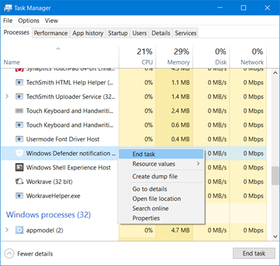 Administrador de tareas del defensor de Windows