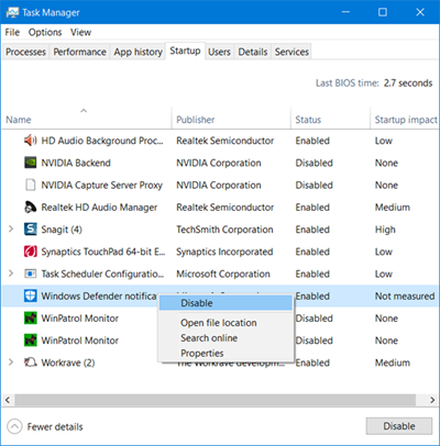 Eliminar el icono de Windows Defender