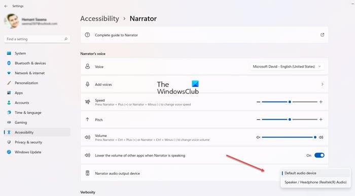 Dispositivo de salida de audio del narrador