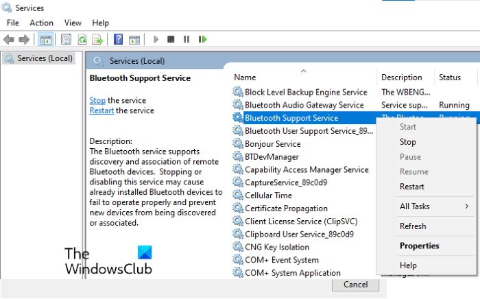 reinicie el servicio de soporte de Bluetooth