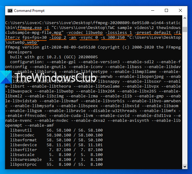 Herramienta de línea de comando FFmpeg para crear una imagen webp animada