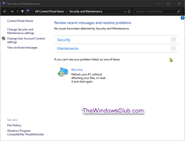 Desactivar las notificaciones de seguridad y mantenimiento