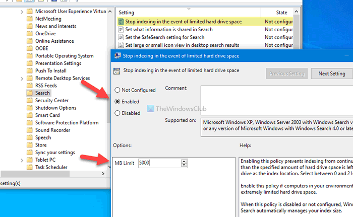 Deshabilite la indexación de búsqueda de Windows cuando el espacio en disco es bajo