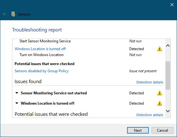 Solucionador de problemas de sensores de Windows