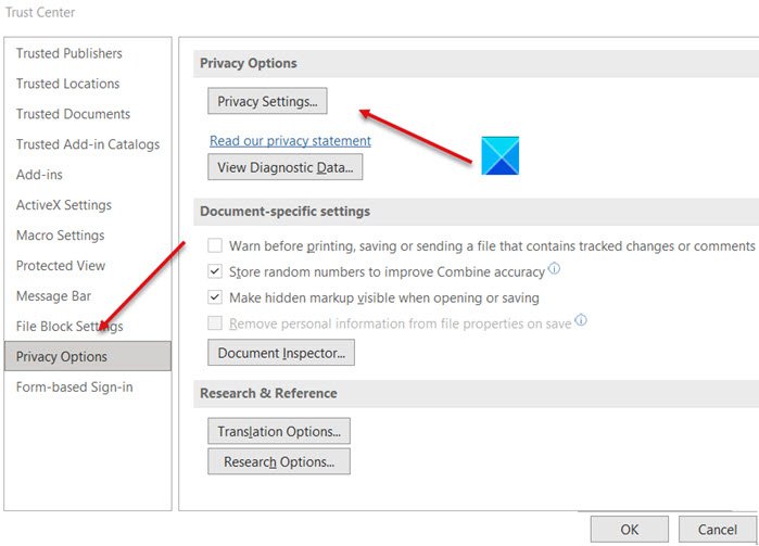 Opciones de privacidad de Microsoft Office