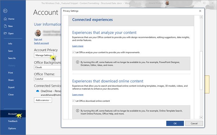 Cómo cambiar la configuración de privacidad de una cuenta en Microsoft Office