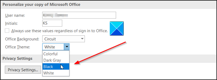 activar o desactivar el modo oscuro en OneNote o Outlook