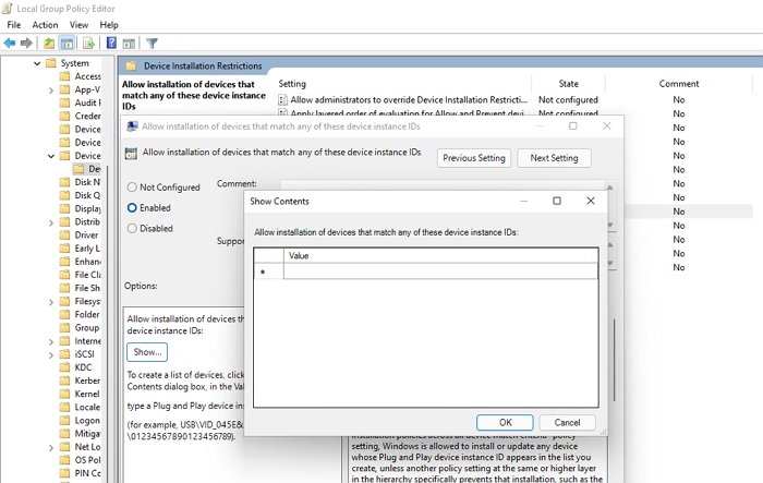 Permitir la instalación de dispositivos en la directiva de grupo