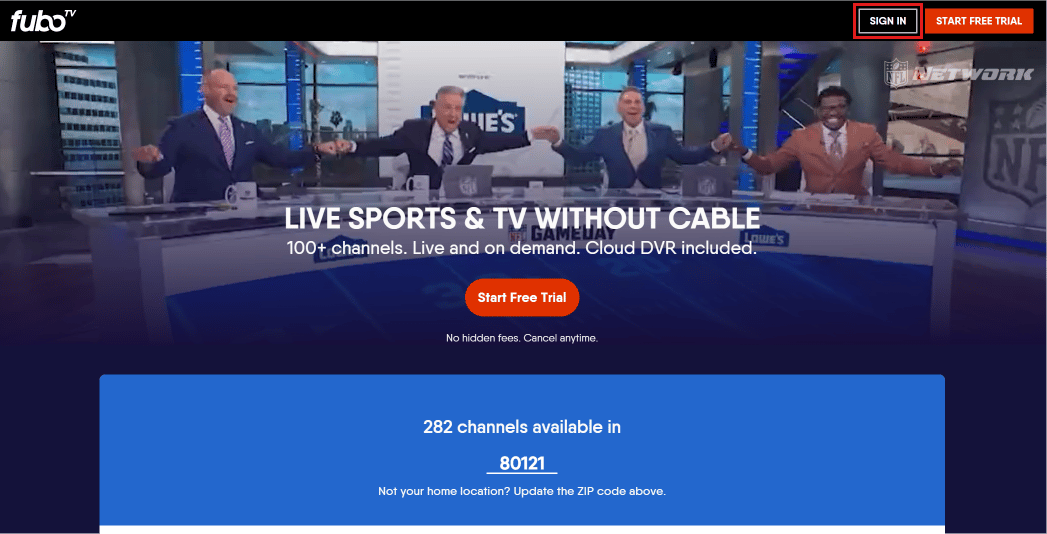 Haga clic en INICIAR SESIÓN en la parte superior derecha de la pantalla.  |  ¿Puede cancelar FUBO y obtener un reembolso?