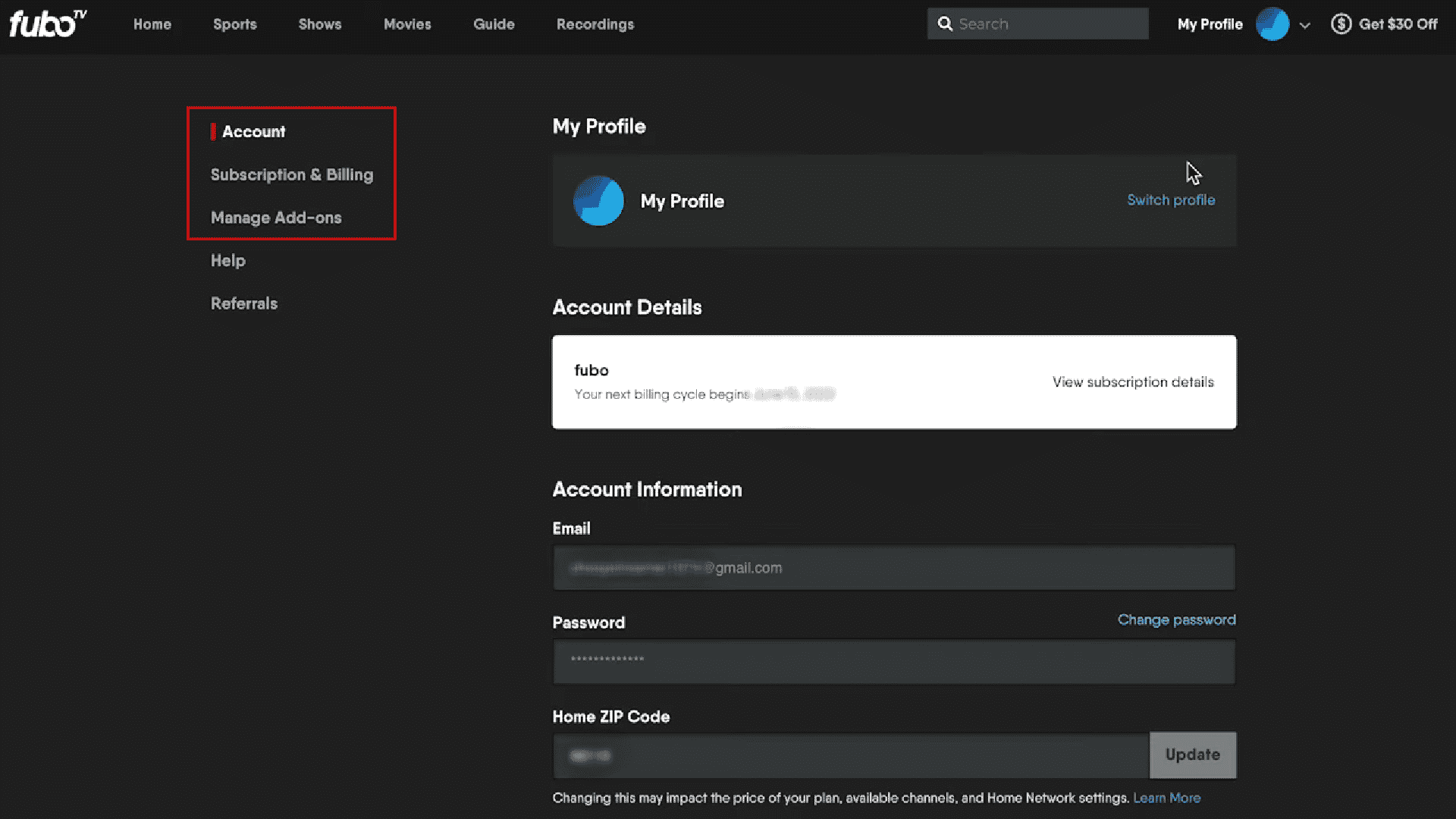 Cambie a las siguientes secciones para administrar varias configuraciones de su cuenta FUBO |  ¿Puede cancelar FUBO y obtener un reembolso?
