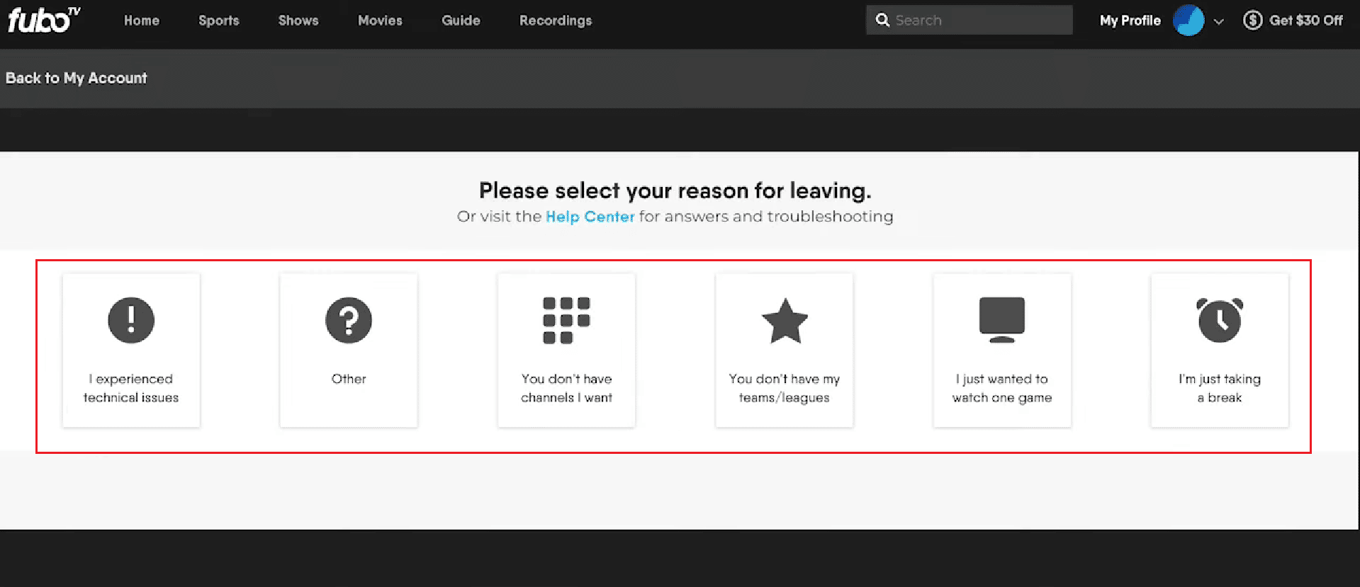 Seleccione el motivo deseado para la cancelación exitosa |  ¿Puede cancelar FUBO y obtener un reembolso?