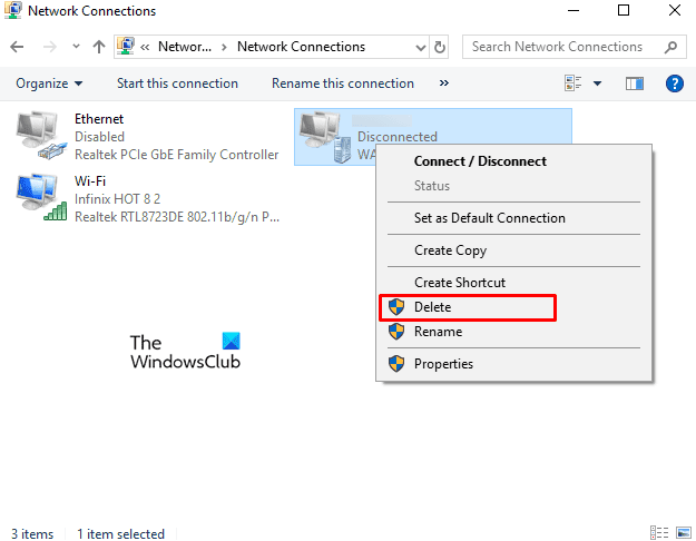 Eliminar VPN usando conexiones de red en Windows 10