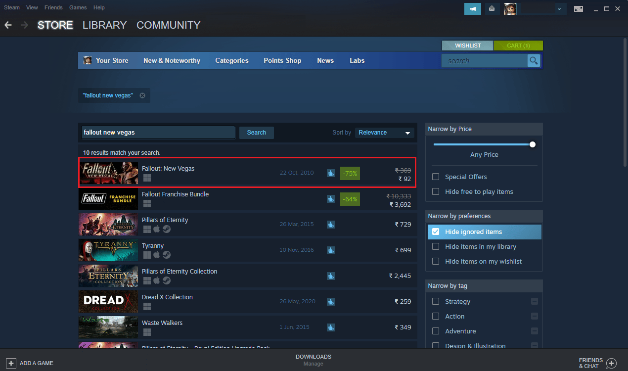 buscar fallout new vegas en la tienda de steam