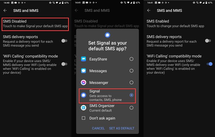 ¿Cómo configuro Signal como mi aplicación de mensajes de texto SMS de Android predeterminada?