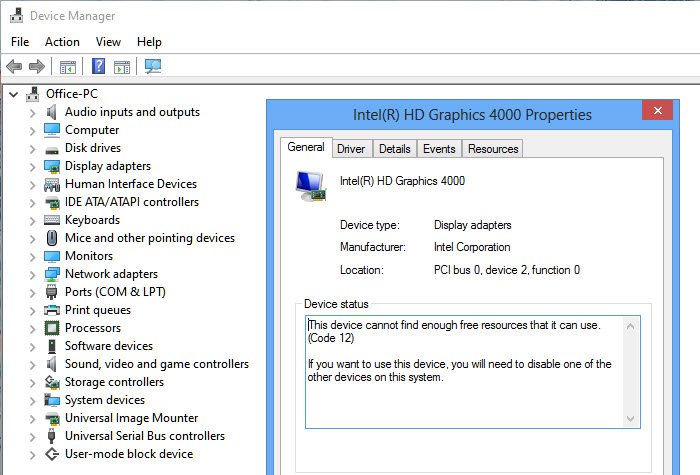Código 12: este dispositivo no puede encontrar suficientes recursos gratuitos para usar