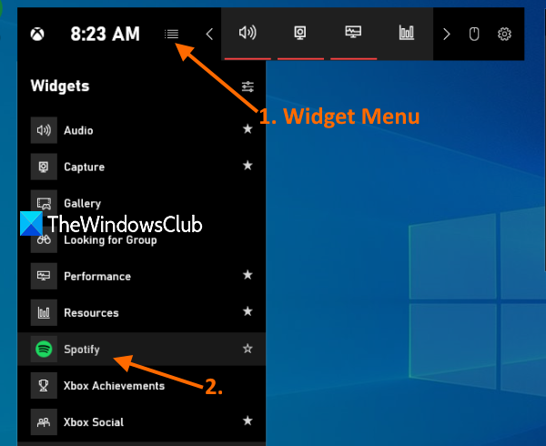ingrese al menú de widgets de Game Bar y haga clic en el widget de Spotify