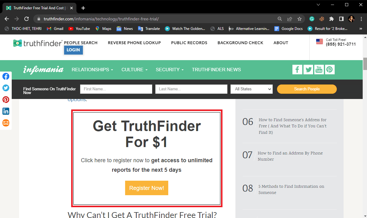 Busque Obtener TruthFinder por 1 dólar y haga clic en Registrarse ahora.  Prueba gratuita y precio de TruthFinder