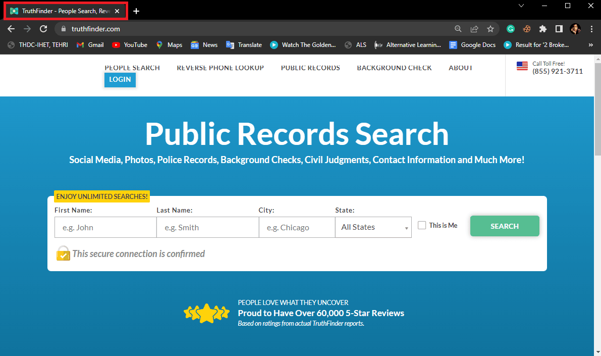 Abra Google Chrome desde el menú Inicio y vaya al sitio web oficial de TruthFinder