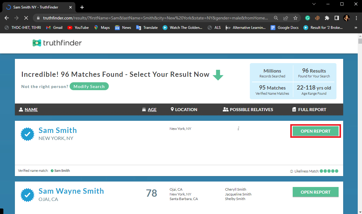Desde los resultados de la búsqueda, haga clic en ABRIR INFORME para la coincidencia que considere plausible