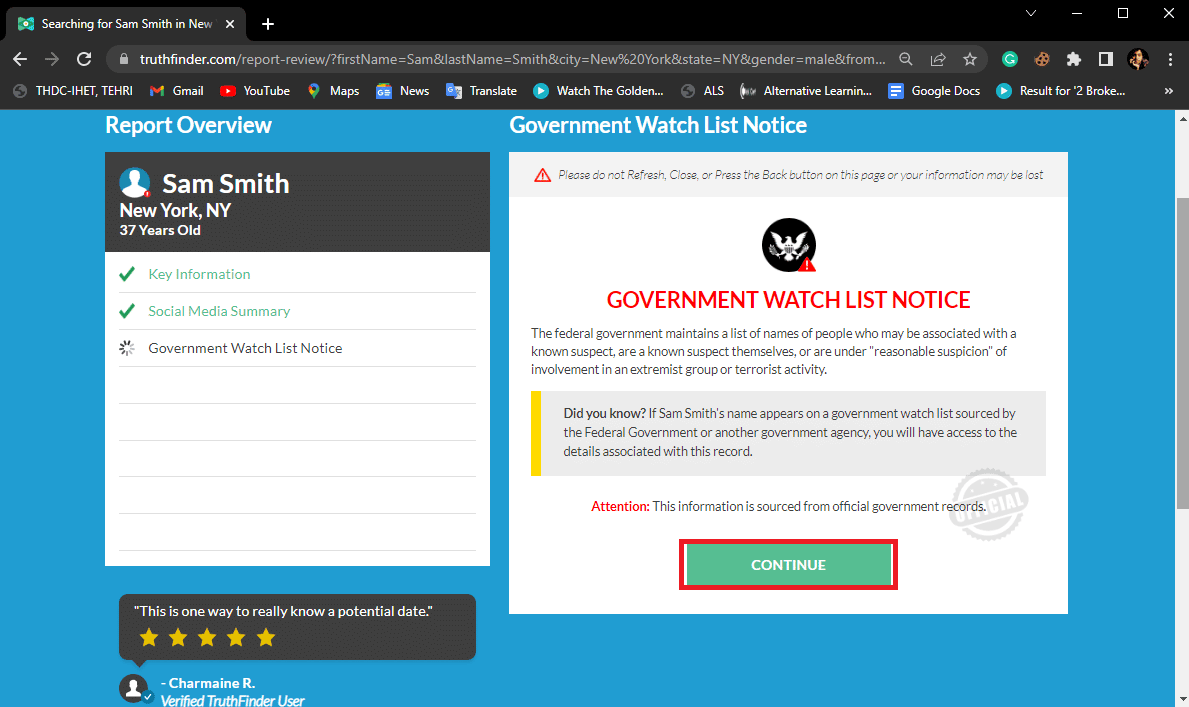 Haga clic en CONTINUAR para continuar con el informe.  Prueba gratuita y precio de TruthFinder