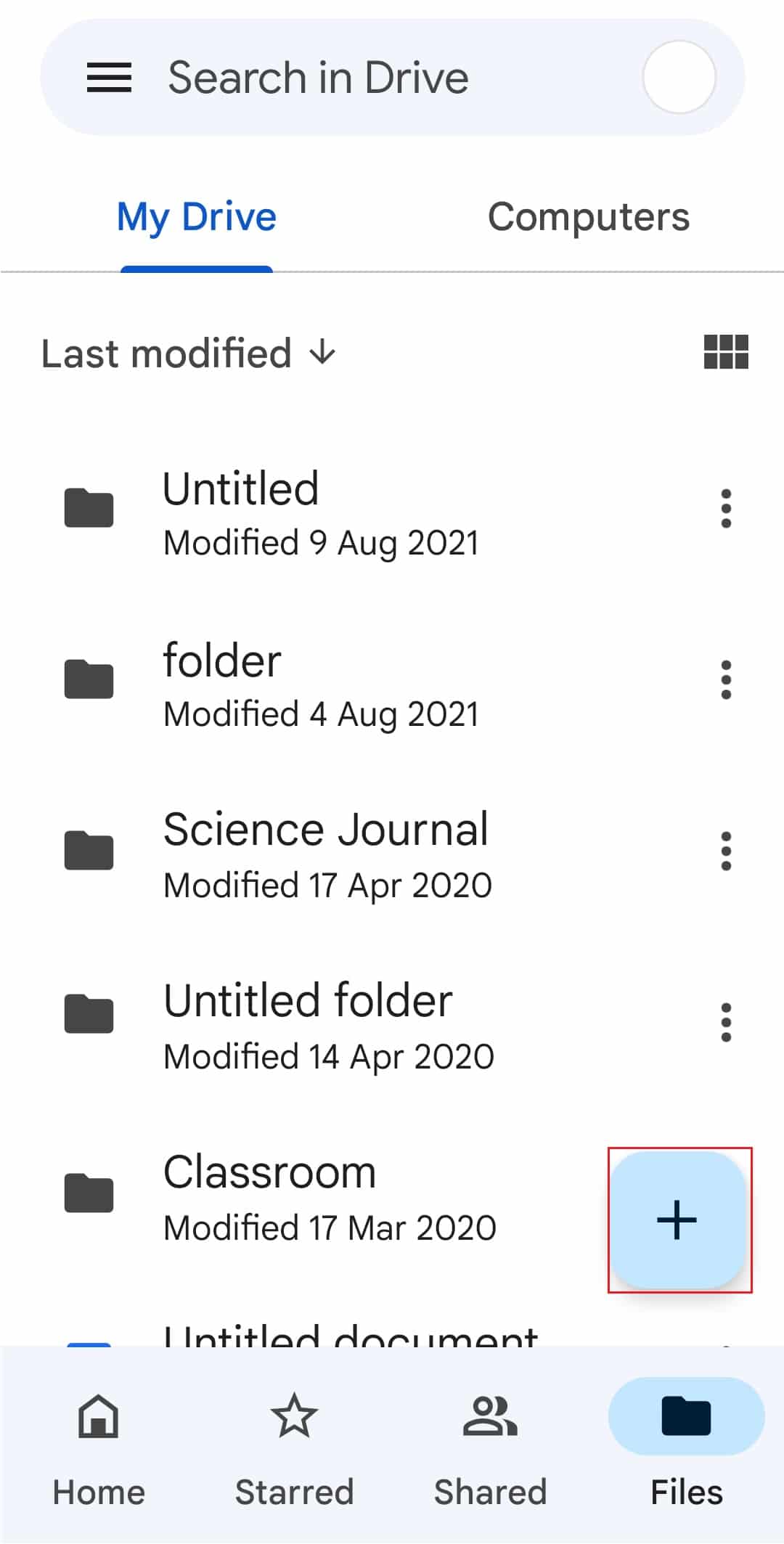 toque el ícono más en la aplicación de Google Drive.  Formas de conectar el Droid Turbo a una PC con Windows