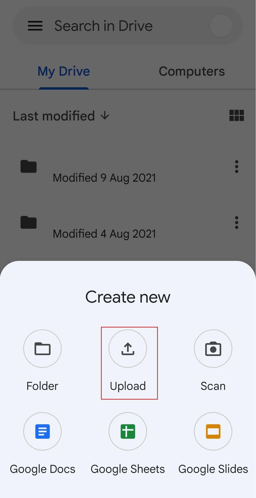 toque la opción Cargar en la aplicación de Google Drive