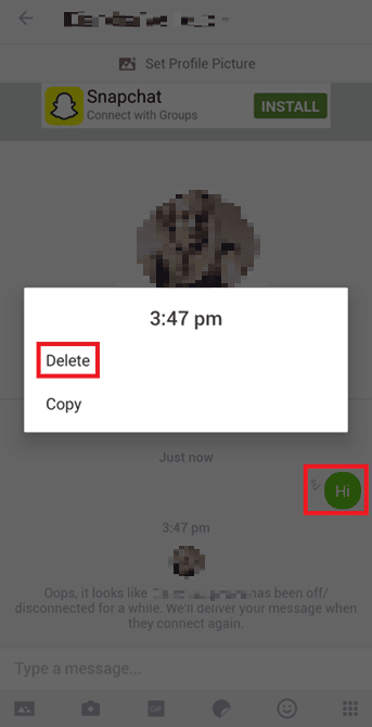 Toque y mantenga presionado el texto deseado que desea eliminar y toque Eliminar | peligros de Kik Messenger