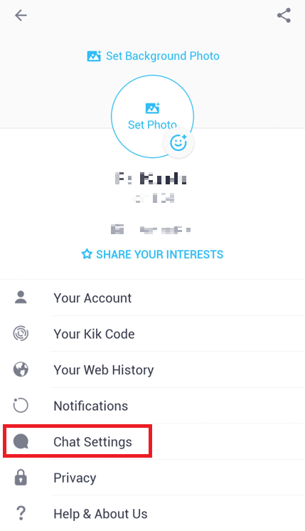 Toque Configuración de chat | peligros de Kik Messenger