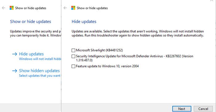Mostrar Ocultar actualizaciones de Windows 10
