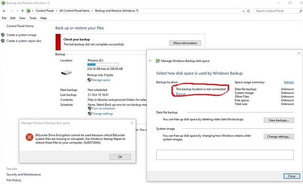 El Cifrado de unidad BitLocker no se puede usar porque faltan archivos críticos del sistema BitLocker o están dañados.  Fuente: microsoft.com