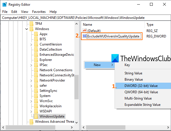 cree un valor dword y asígnele el nombre ExcludeWUDriversInQualityUpdate