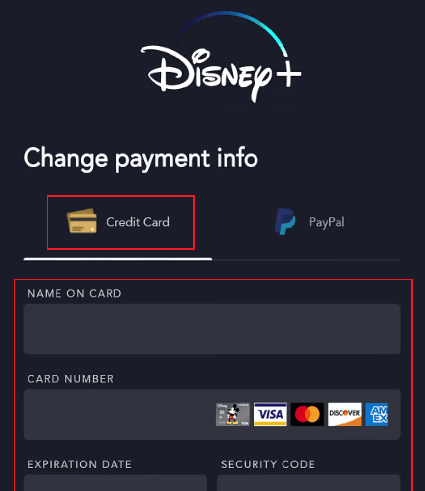 Seleccione la pestaña Tarjeta de crédito e ingrese los detalles de su nueva tarjeta de crédito | ¿Cómo cancelas tu cuenta de Disney Plus?