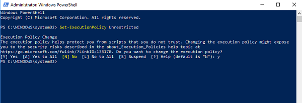 Establecer una política de ejecución sin restricciones en Windows 10
